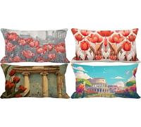 Red Cushion Covers 70 x 90 Outdoor Cushions Waterproof Linen Set of 4 Rectangle Decorative Pillows Cover Flower Pattern Design with Invisible Zip for Livingroom Sofa Home Decor, Gifts for Women c-q5W