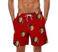 Red Custom Men Swim Trunks with Face Personalized Beach Shorts Funny Printed Customised Your Own Design Hawaiian Board Shorts Summer Plus Size Lightweight Quick Dry Swimwear Swimming Costume