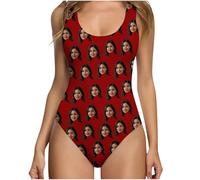Red Custom One Piece Bathing Suits with Husbands Faces Personalised Face Women Swimwear Onesie Tankini Bikinis Swimsuits Funny Novelty Ladies Swimming Costume Beach Swimwear Bridesmaid Monokinis L