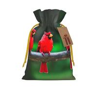 Red cute birds print Large Christmas bag, reusable drawstring linen packet, Birthday Parties Supplies