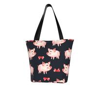 Red Cute Piggy Fashion Canvas Tote Bag With All Over Print Design,Large Reusable Shopper Tote With Double Handles,Beach Tote, Weekend Bag