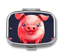 Red Cute Piggy Pill Box 2 Compartment, Portable Pill Case with Mirror for Pocket Purse Travel, Mini Metal Medicine Organizer for Vitamins Fish Oil