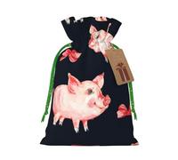 Red Cute Piggy Printed Christmas Drawstring Bags with Green Christmas Ribbon - Reusable Burlap Drawstring Gift Pouches, S