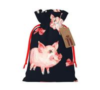 Red Cute Piggy Printed Christmas Drawstring Bags with Red Ribbon - Reusable Burlap Drawstring Gift Pouches, S