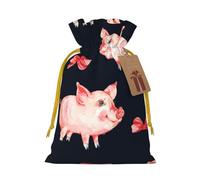 Red Cute Piggy Printed Christmas Drawstring Bags with Yellow Christmas Ribbon - Reusable Burlap Drawstring Gift Pouches, S