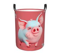 Red Cute Piggy Printed Circular Laundry Basket, Foldable Oxford Cloth Tote Bag Laundry Hamper, Toy Organizer, For Bathroo Laundry Storage Bedroom Storage College Dormitory Car Trunk Medium