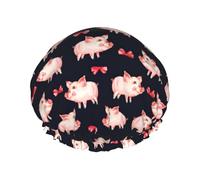 Red Cute Piggy Printed Hair Wrap, Double Layer Shower Cap For Women, Reusable Hair Protector For Bathing