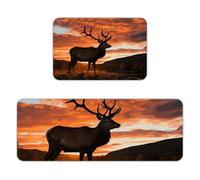 Red Deer Bull Elk Sunset Kitchen Mat Set of 2, Flannel Non-Slip Absorbent Runner Comfort Standing Mats, Washable Kitchen Rugs for Floor Sink Laundry Entryway, 16x24 + 17x47 Inch