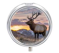 Red Deer Bull Elk Sunset Pill Box 3 Compartment Metal Round Pill Case Travel Pill Organizer Small Portable Medicine Vitamin Container for Purse and Pocket to Hold Vitamins Supplements