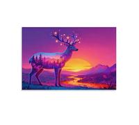 Red Deer Canvas Wall Art Forest Sunset Dusk Print On Canvas Modern Artwork for Living Room Office Home Decor Gift 08x12inch(20x30cm)
