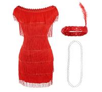 Red Deluxe Flapper Dress - Ladies Deluxe Red Flapper Costume with Matching Sequin Headband and Silver Pearl Necklace - 1920's Party Dress