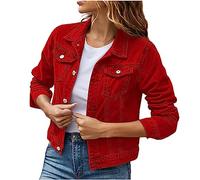 Red Denim Jackets for Women UK, Vintage Washed Cropped Button Up Long Sleeve Coat with Two Chest Pockets, Casual Shirts Trucker Jacket Airport Outfits S