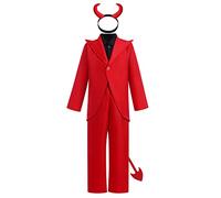 Red Devil Costume for Boys Girls Halloween Fancy Dress Costume Boy Gentlemen Red Suits with Accessories Girl Sequin Tutu Dress Children's Devil Christmas Carnival Party Cosplay Clothes Boy 11-14Years