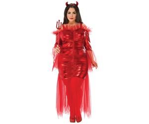 Red Devil Costume Ladies Halloween Fancy Dress Outfit Devils + Horns
