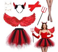 Red Devil Costume Women Halloween Costume with Red Angel Wings Devil Horns Devil Fork Tutu Skirt Gloves Fishnet Stockings and Stickers, Fallen Angel Outfit Ladies Devil Accessories for Women Girls