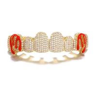 Red Devil Horn Fully Iced Out Full Hip Hop Grillz - 18K Gold & Silver Clear CZ Paved Bling Rapper Style, Party, Cosplay(Gold,Upper teeth)