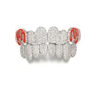 Red Devil Horn Fully Iced Out Full Hip Hop Grillz - 18K Gold & Silver Clear CZ Paved Bling Rapper Style, Party, Cosplay(Silver,Set)