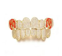 Red Devil Horn Fully Iced Out Full Hip Hop Grillz - 18K Gold & Silver Clear CZ Paved Bling Rapper Style, Party, Cosplay(Gold,Set)
