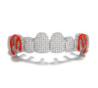 Red Devil Horn Fully Iced Out Full Hip Hop Grillz - 18K Gold & Silver Clear CZ Paved Bling Rapper Style, Party, Cosplay(Silver,Upper teeth)