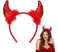 Red Devil Horns Sequin Headband, Women Halloween Demon Horn Headpiece Fancy Dress Costume Accessory Cosplay Party Festival Dress Up Photo Props For Adults