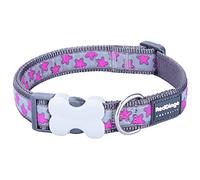 Red Dingo Bucklebone Dog Collar Design, Hot Pink Stars on Grey, Medium 20mm