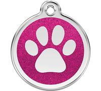 Red Dingo Glitter Paw Print Dog ID Tag (Hot Pink, Large)