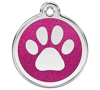 Red Dingo Glitter Paw Print Dog ID Tag (Hot Pink, Small)