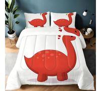 Red Dinosaur Queen Duvet 10.5 Tog, Funny Style Microfiber Bedding Set, 1 Quilt 220x220cm and 2 Pillowcases 50x75cm, All Year Round Comforter for Cozy Nights B1996