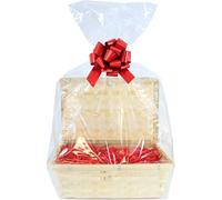RED DIY Gift Hamper Kit - Bamboo Hamper Basket, Paper Shred, Bow, Cellophane Bag & Gift Tag - Christmas, Hamper, Gift Basket - 2 size options ((SM) - 20x15x6cm high)