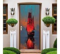 Red Door Mural Sticker Sailing Boat on The sea Self Adhesive Vinyl Removable Sticker Decal Art Decor Waterproof Mural Poster for Window Door Room Home Decor 77x200 cm