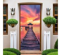 Red Door Stickers Sunset Wooden Bridge Pavilion Door Murals 77x200 cm Peel and Stick Removable Vinyl Door Decals for Living Room Bedroom Bathroom Kitchen Office Decor