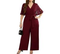 RED DOT BOUTIQUE 710 - Plus Size Long Sleeves Sequin Top Solid Wide Legs Long Jumpsuit With Pockets, Lace Burgundy, 2X
