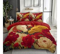 Red Double Duvet Cover, Fantasy Flowers Oriental Dragons Printed Bedding Sets, Zipper Closure Soft Anti-wrinkle and anti-tear Microfiber Quilt Cover for Girls and boys, 200 x 200 cm
