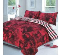 (Red, Double) Rose 4 Pcs Complete Flowers Duvet Cover Set With Valance Sheet & Pillowcase
