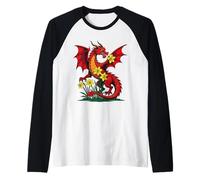 Red Dragon Amongst Daffodil Flowers Raglan Baseball Tee