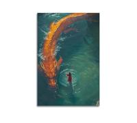 Red Dragon & Figure in Water Wall Art, Mythical Poster, Epic Print, Enchanting Canvas Picture Artistic Wall Mural Modern Hanging Decor Poster20x30inch(50x75cm)