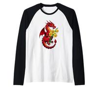 Red Dragon Holding A Bouquet of Daffodils 2 Raglan Baseball Tee
