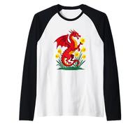 Red Dragon Holding A Daffodil Raglan Baseball Tee