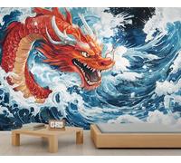 Red Dragon Mural Ocean Waves Wallpaper Oriental Mythology Wall Mural Oversized Wall Poster Style Playroom Cafe Decor Poster Background Decor (Non-self-Adhesive)