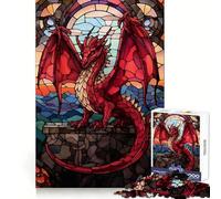 Red Dragon Stained Glass Jigsaw 1000 Pieces for Teenagers Strengthen Memory Calm Relax Smooth Edge Amazing Present (38x26cm)