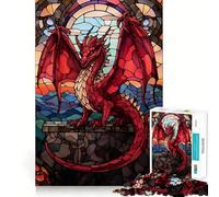 Red Dragon Stained Glass Jigsaw 1000 Pieces for Teenagers Strengthen Memory Calm Relax Smooth Edge Amazing Present (38x26cm)