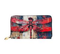 Red Dragonfly Abstract Print Leather Wallet Cell Phone Credit Card Wallet Leather Wallet for Women Zipper Pocket Black One Size Black One Size Black One Size, Black/White, One Size