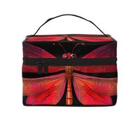 Red Dragonfly Travel Makeup Bag - Portable Toiletry Organizer with Zipped Compartments for Brushes, Bottles & Skincare