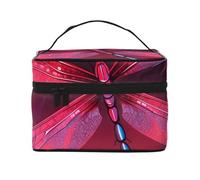 Red Dragonfly Travel Makeup Bag - Portable Toiletry Organizer with Zipped Compartments for Brushes, Bottles & Skincare