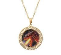Red Dragons Breathing Fire Fashion Necklace Chain Round Graphic Pendant with Diamond Jewellery Golden-style