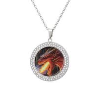 Red Dragons Breathing Fire Fashion Necklace Chain Round Graphic Pendant with Diamond Jewellery Silver-style