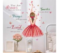 Red Dress Ballerina Wall Stickers for Girls Bedroom, Peel and Stick Ballet Dancer Vinyl Decals with Positive Quote Butterflies, Nursery Kids Room Wall Decor in Gift Box