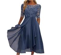 Red Dress for Women Dresses for Women UK Elegant Plus Size Chiffon Dress Sexy Splicing Midi Sleeve Waist Gowns Dresses Round Neck Summer Party Long Dresses Clearance