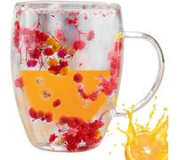 (Red) Dried Flowers Glass Coffee Mug, 350ml Double Walled Clear Coffee Cup, Coffee Mug Built-in Selected Dried Flowers, Insulated Layer Flowers Glass