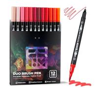 Red Duo Tip Marker Pens, 12 Pack Fine & Brush Markers for Adult Colouring Books No Bleeding, Vibrant Red Markers for Holiday Cards, Bold Lettering, Attention-Grabbing Highlights and Logos